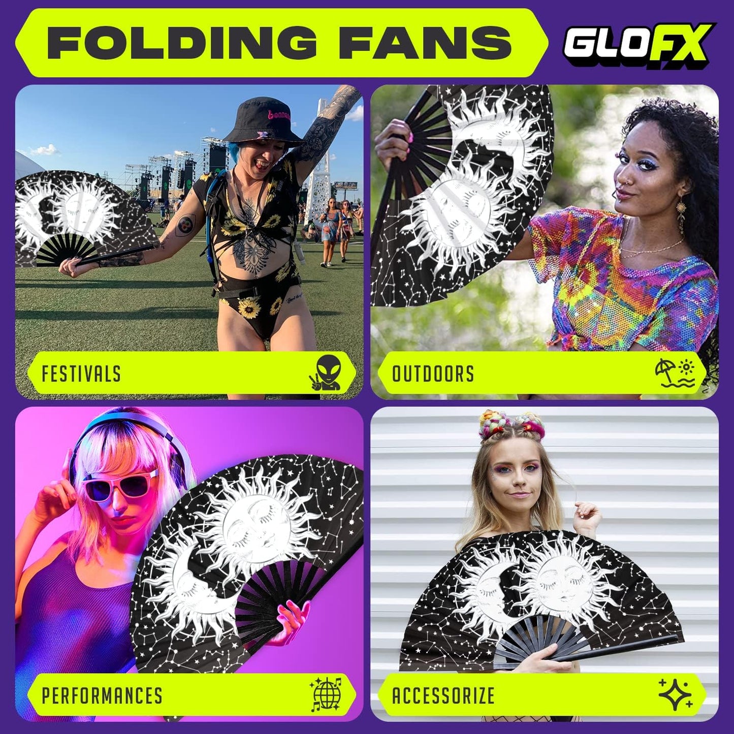 GloFX Rave Sun & Moon - Large Folding Fan - Music Festival Essential, EDM Rave Accessories, Folding Hand Fan, Clack Fan