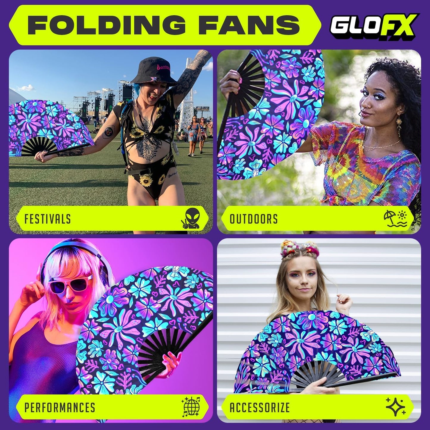 GloFX UV Glow Flower Fantasy Rave Fan - Vibrant Pink, Blue, and Purple Design - Large Folding Hand Held Fan for Festival Fashion & Festival Outfits for Women