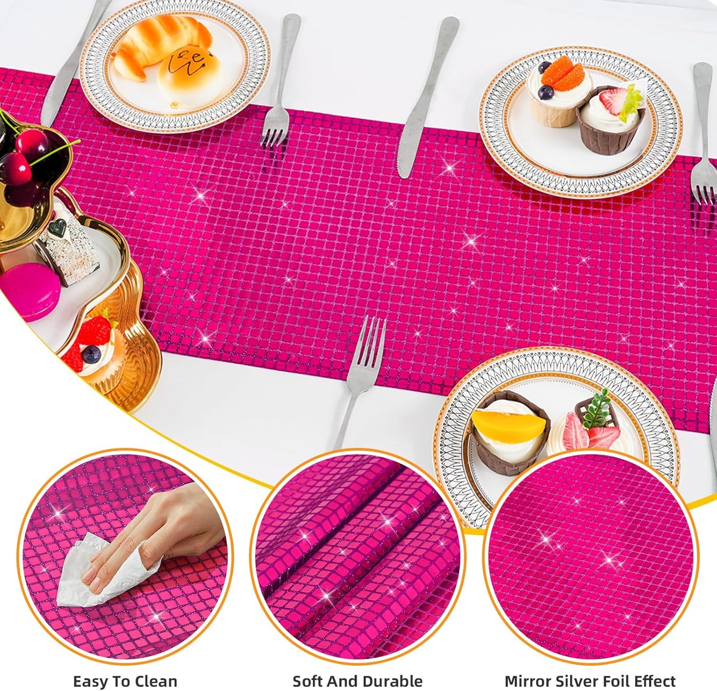 SquarePie Disco Table Runner Mirror Glitter Hot Pink Sequin Runner for 70s 80s Disco Dance Bachelorette Party Supplies Table Decorations (12x108 Inches ,2 Pack)