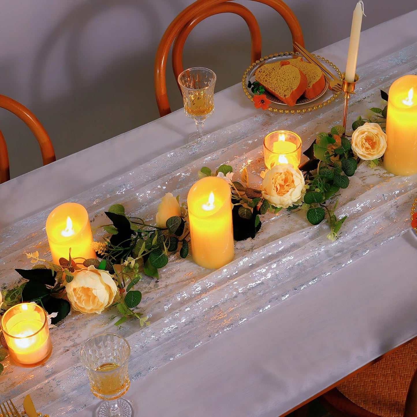 LOMOHOO 10 Ft Silver Table Runner, Silver Sheer Sequin Table Runners 120 Inches Long Glitter Metallic Foil Lace Fabric Table Decor for Birthday Party Wedding Anniversary Centerpiece (1pcs)