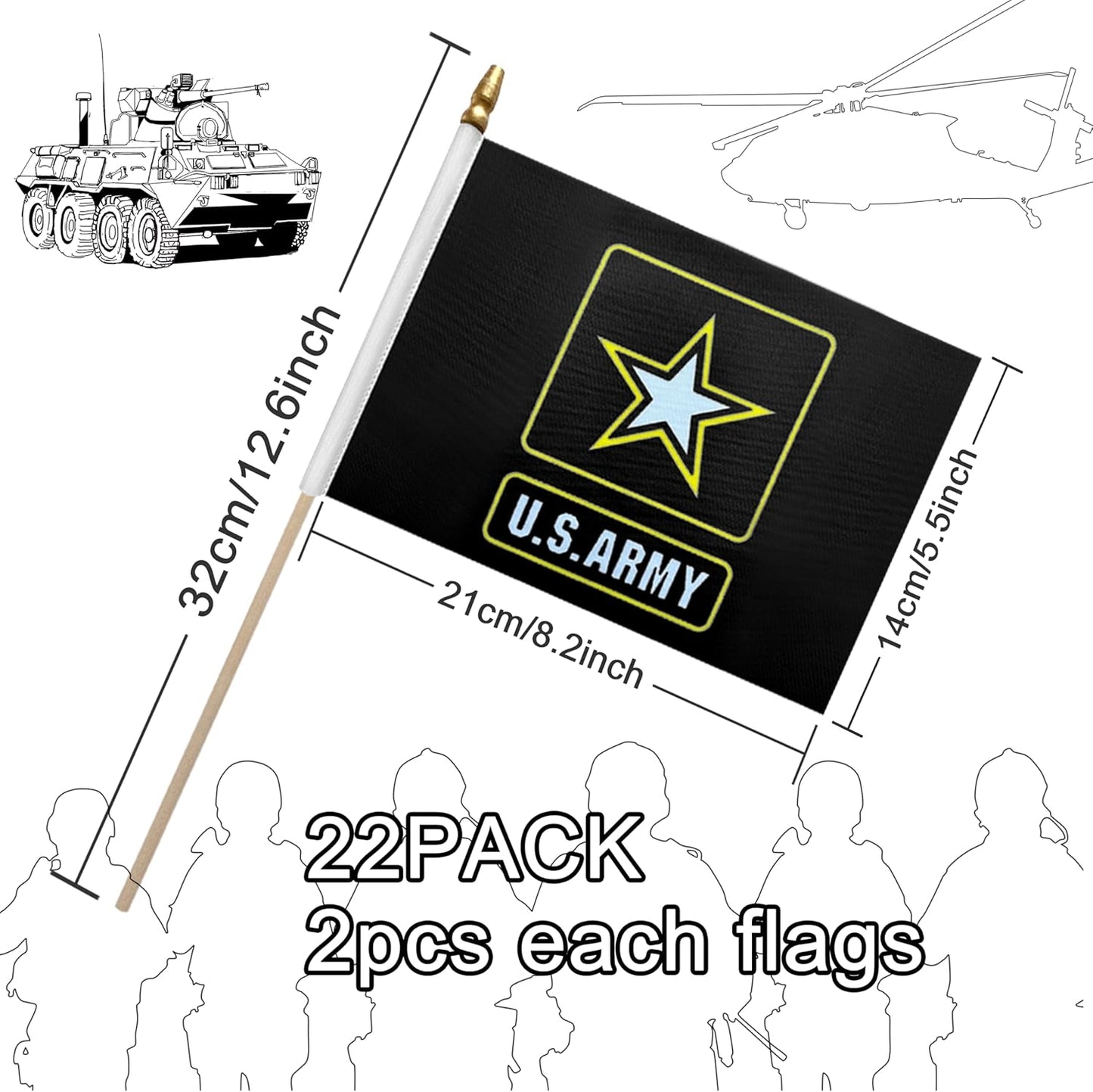 22 Pack All Branches Military Service Flags Set Small Mini Army Armed Forces Handheld Flag on Stick for Veterans Day,Memorial Day Decorations,5x8 Inch