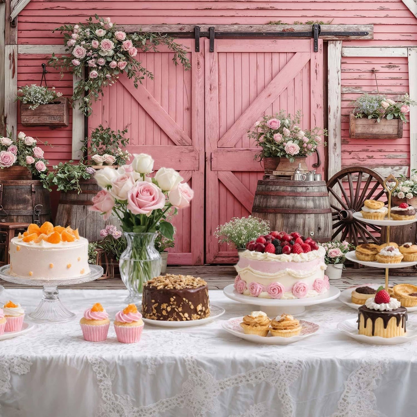 5x4ft Country Wedding Pink Photography Backdrop Rustic Wooden Barn Door Photography Backdrop Farmhouse Flower Western Girl Birthday Baby Shower Wedding Bridal Party Banner Photo Booth Props Background