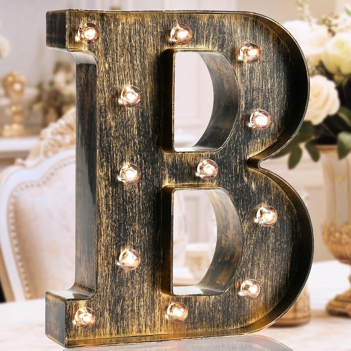 OYCBUZO Golden Black Led Marquee Letter - Industrial, Vintage Style Light Up Alphabet Letter Sign for Cafe Wedding Birthday Party Christmas Lamp Home Bar Initials Decor - B