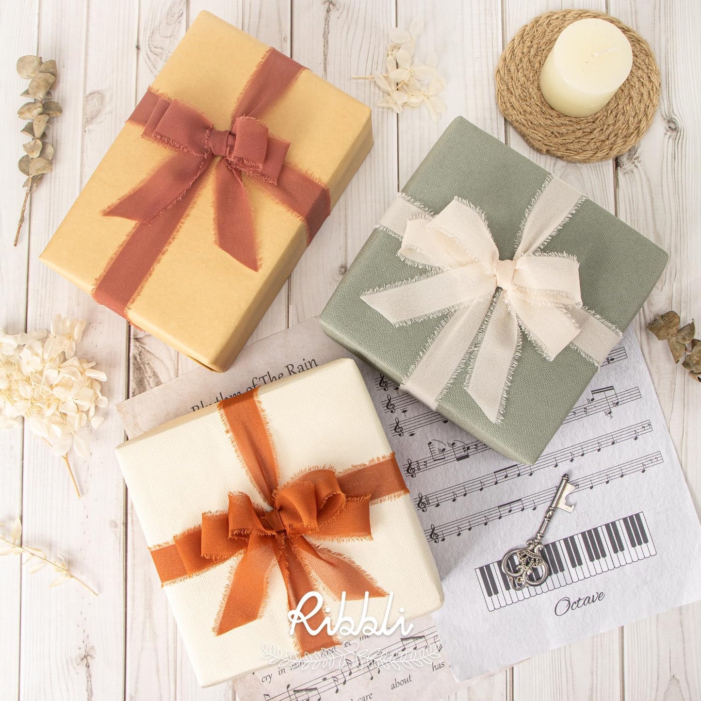 Ribbli Fall Chiffon Silk Ribbon 1Inch x 24 Yard Champagne/Terracotta/Rust Red Fringe Chiffon Fall Ribbon for Wedding Invitations, Bridal Bouquets Wrapping, Flower Arrangement Decoration