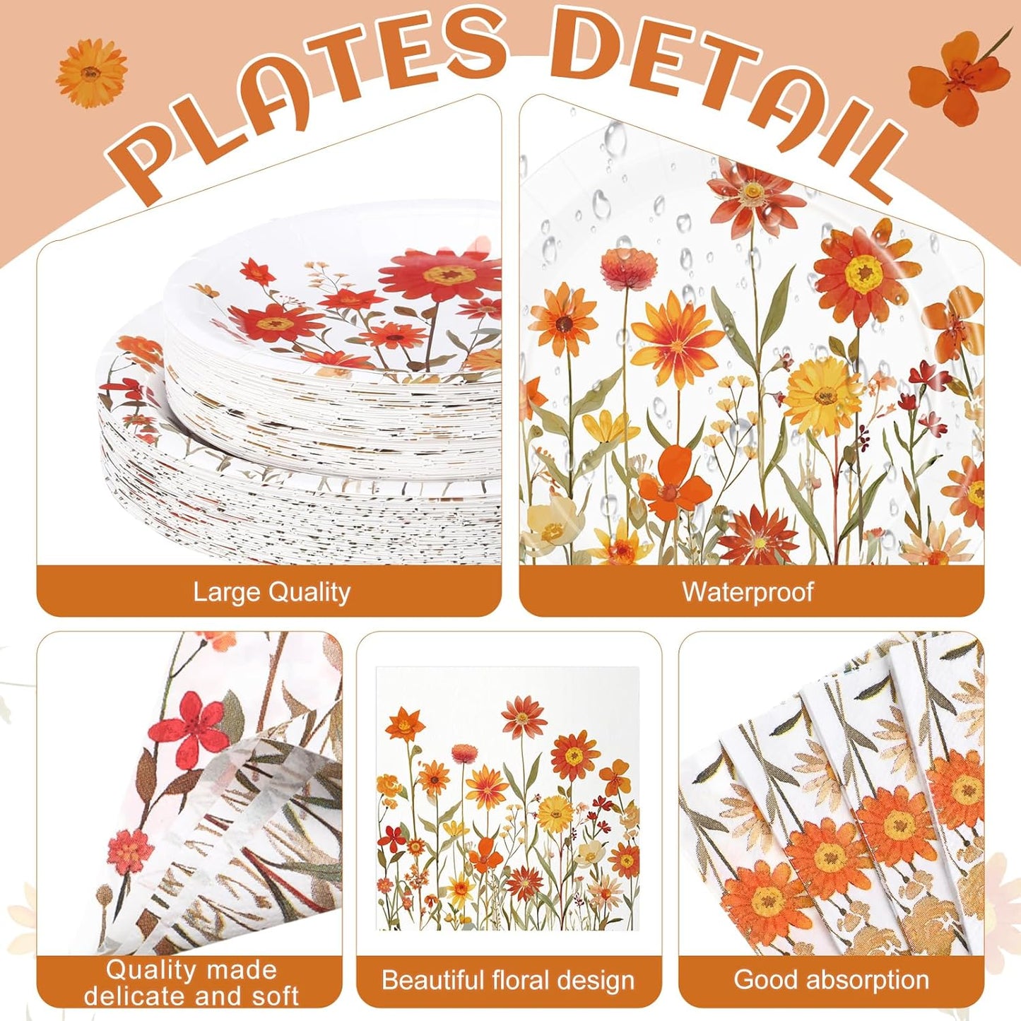 452 Pcs Fall Floral Party Supplies Orange Wildflower Tableware Set, Fall Floral Paper Plates Napkins Cups Tablecloth Cutlery Straw for Thanksgiving Autumn Harvest Wedding Birthday Decoration