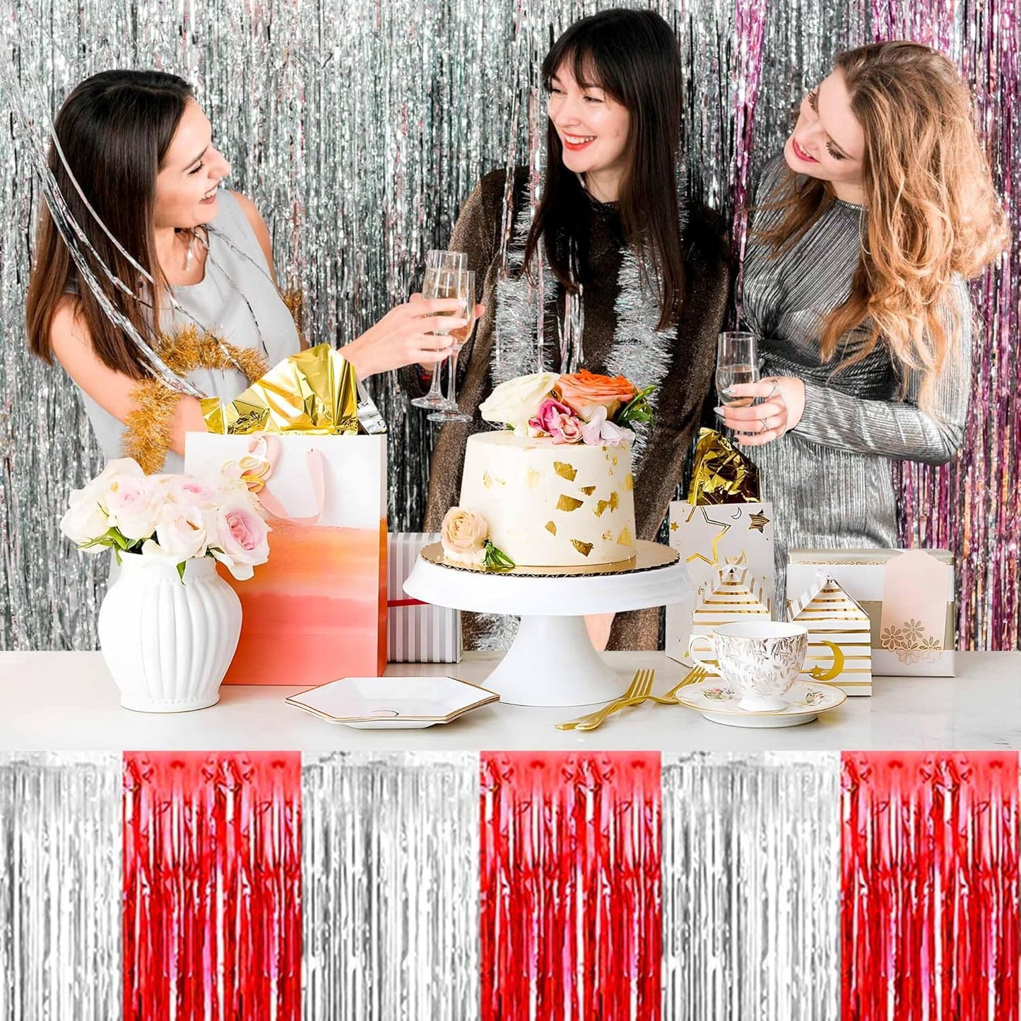 3 Pack 29 x108 Inch Red and Silver Foil Fringe Table Skirts Metallic Banner for Tinsel Streamer Garland Backdrop for Parade Floats Mother's Day, Graduate, Birthday, Wedding Party Decoration