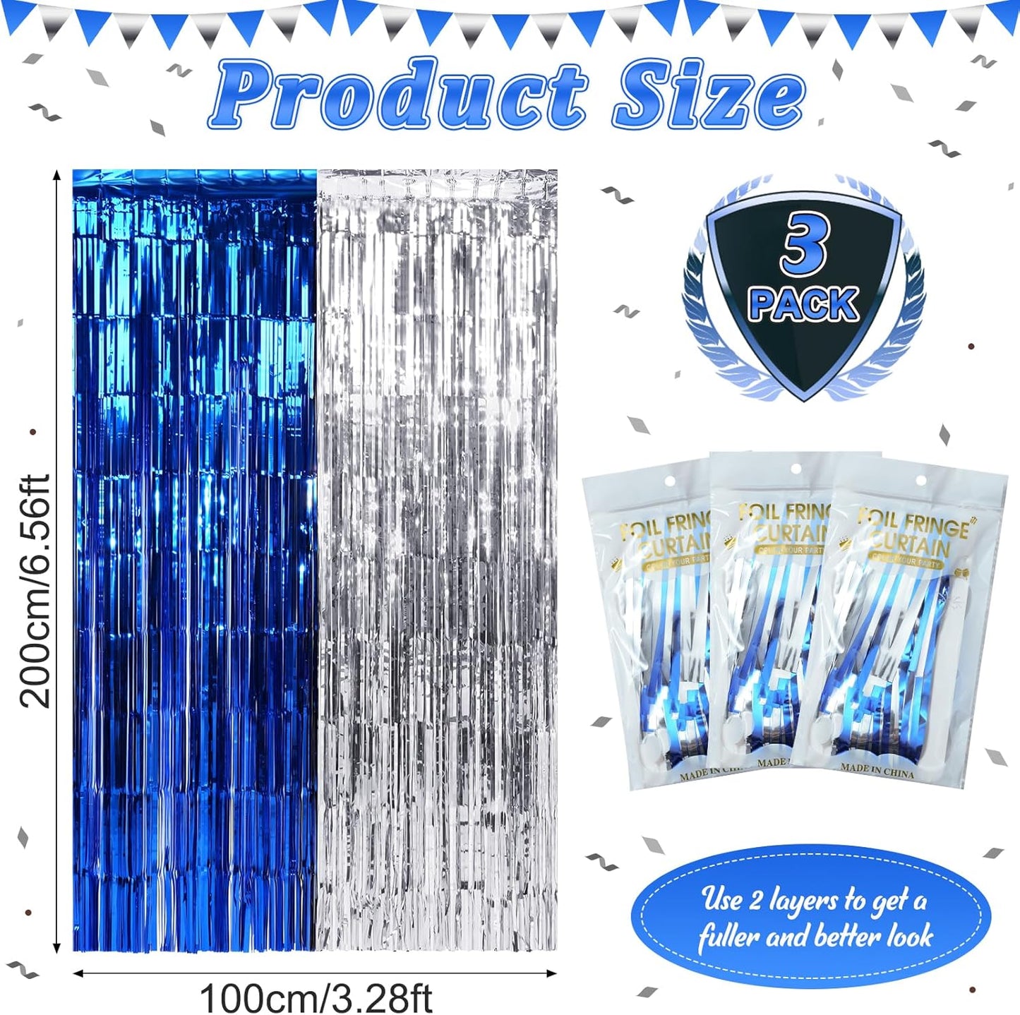 3Pack 3.3Ft x 6.6Ft Graduation Foil Fringe Curtain Backdrop Decorations, Blue Silver Metallic Tinsel Foil Streamers Curtain Photo Booth Background for Graduation Prom Wedding Birthday Party Decoration