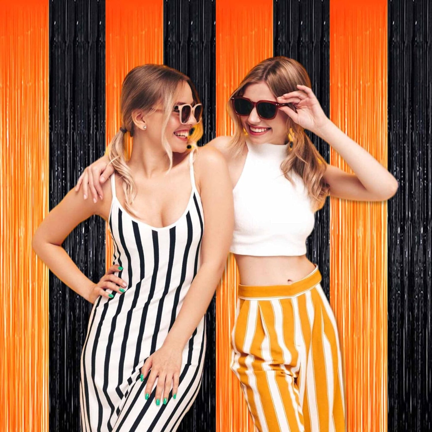 3 Pack Black Orange Foil Fringe Curtains Backdrop, 3.28 x 9.8 Ft Metallic Streamers Tinsel Curtains Background for Photo Booth, Birthday, Halloween, Christmas, Thanksgiving, New Year Party Decorations