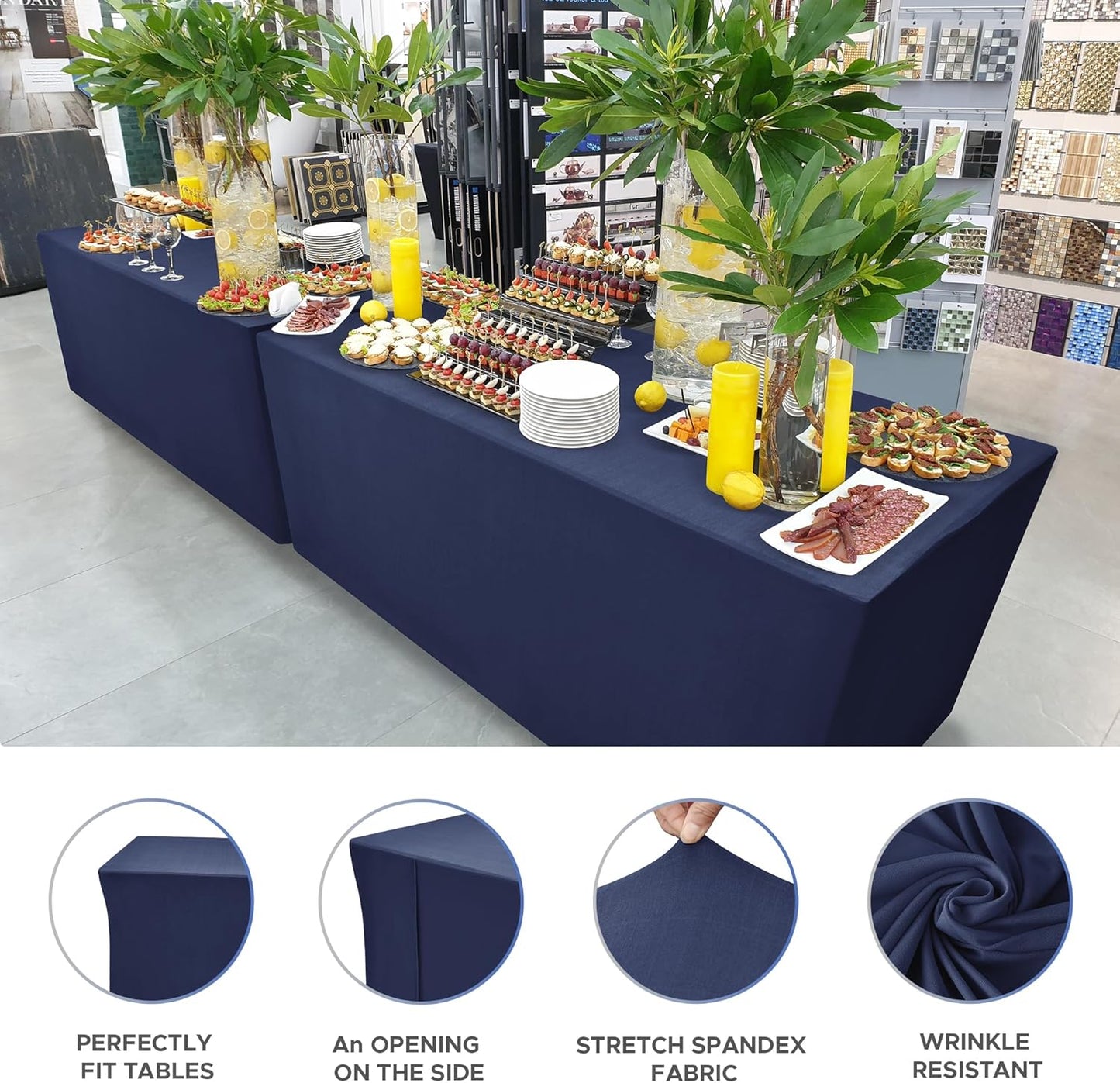 Nasitos Fitted Table Covers Stretch Spandex - 72 x 30 Inch - 4 Pack Navy Rectangle Table Clothes for 6 Foot Folding Tables, Wrinkle Resistant Tablecloths for Parties, Trade Show, Craft Show, Birthday