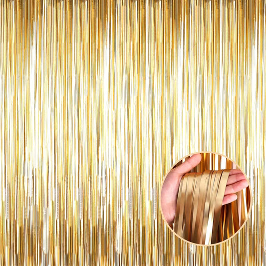 4 Pack Champagne Gold Foil Fringe Curtain Backdrop, 3.28Ft x 8.2Ft Metallic Tinsel Streamer Curtains for Party, Photo Booth Props, Birthday, Graduation Decoration Party Supplies