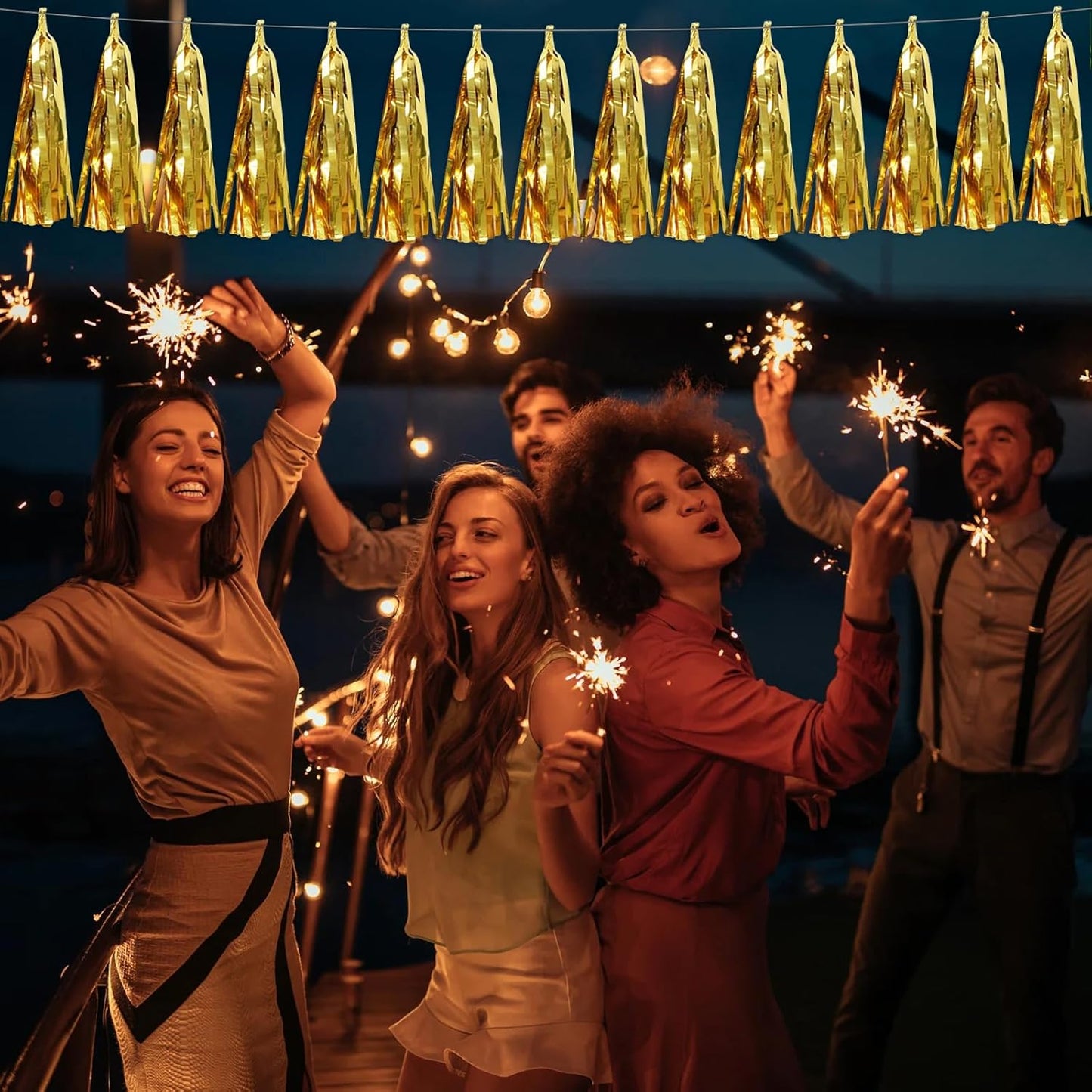 8P Gold Foil Fringe Metallic Tassel Streamers Banner Tassel Garland for Parade Floats, Bachelorette, Wedding, Birthday, Halloween, Christmas, Bridal/Baby Shower Party Decorations