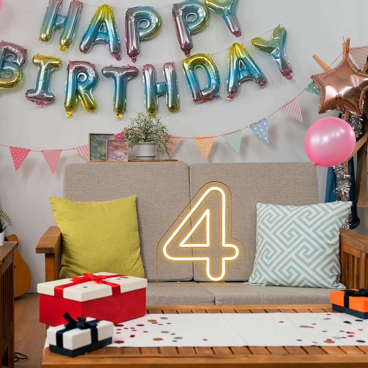 Number 4 LED Neon Sign Backdrop Birthday Party Decoration, 11.3" Height Warm White Marquee Numbers Four Light Up Sign for Wedding Anniversary Window Wall Table, Indoor Battery Operated or USB