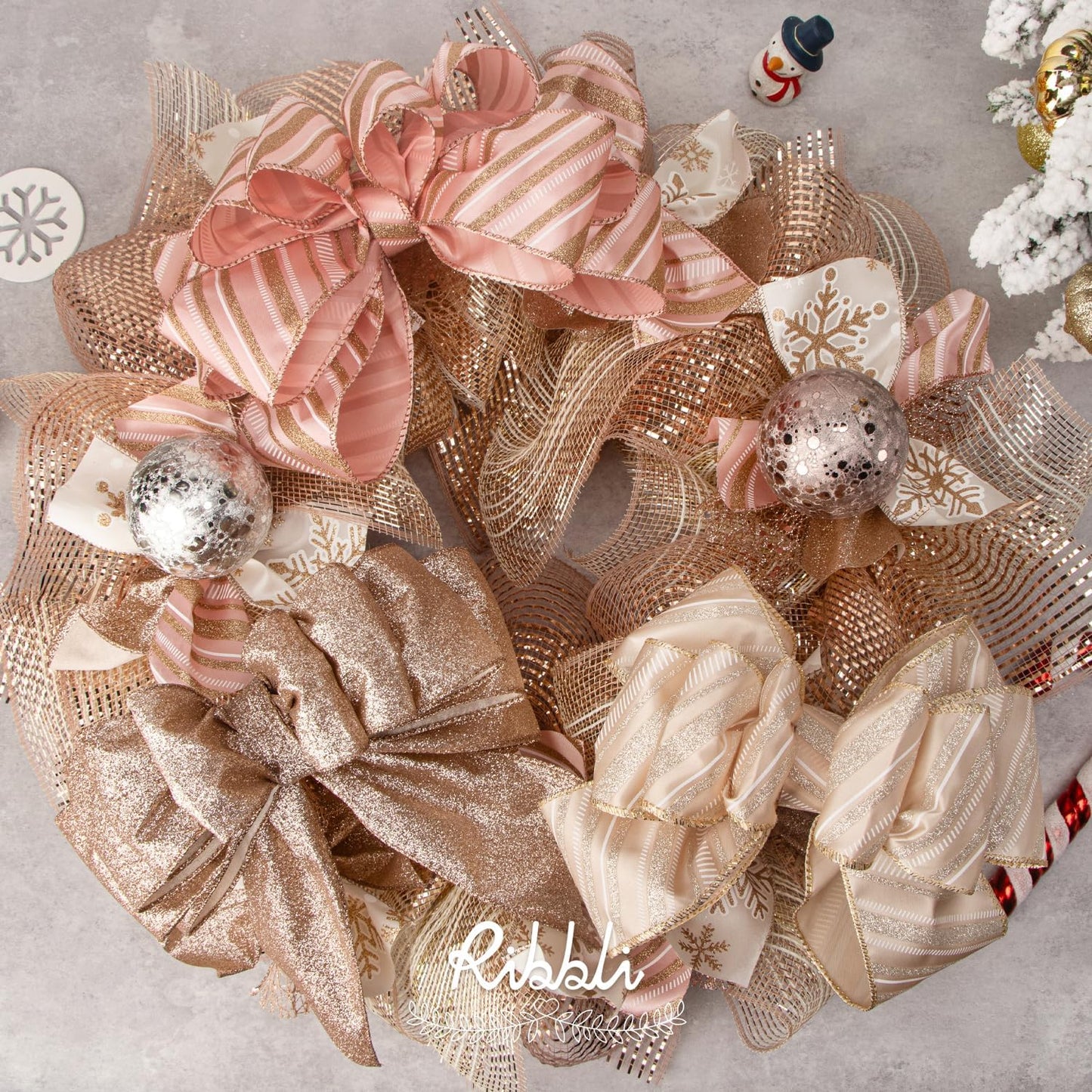 Ribbli 2 Rolls Rose Gold Metallic Mesh Ribbon 10 inch x 30 feet(10Yard), Ivory with Rose Gold Foil and Ivory Thread,Christmas Ribbon for Wreath Swags Wedding Garland and Christmas Tree