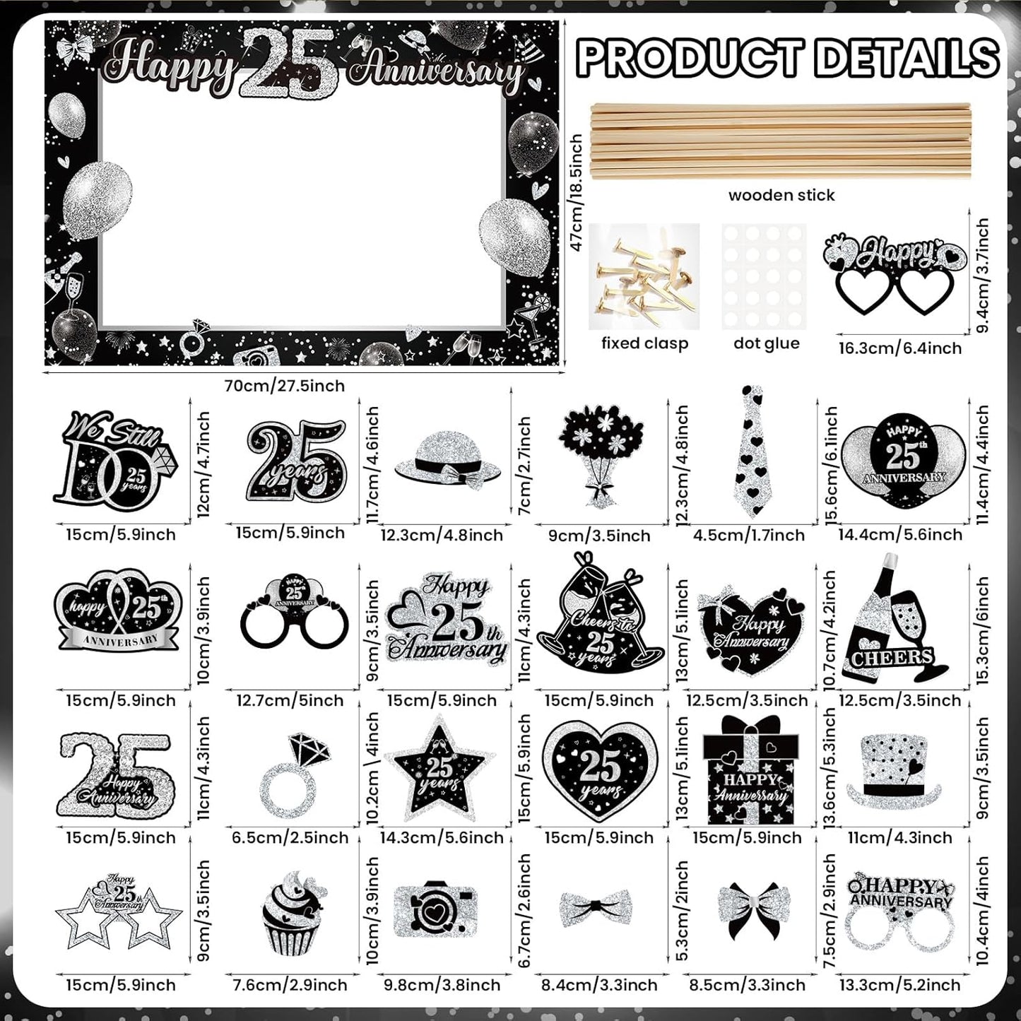 25th Wedding Anniversary Decorations Black Sliver 25th Wedding Anniversary Party Photo Booth Props and Selfie Frame Silver Happy 25 Years Anniversaries Party Supplies for Women Men Cheers to 25 Years