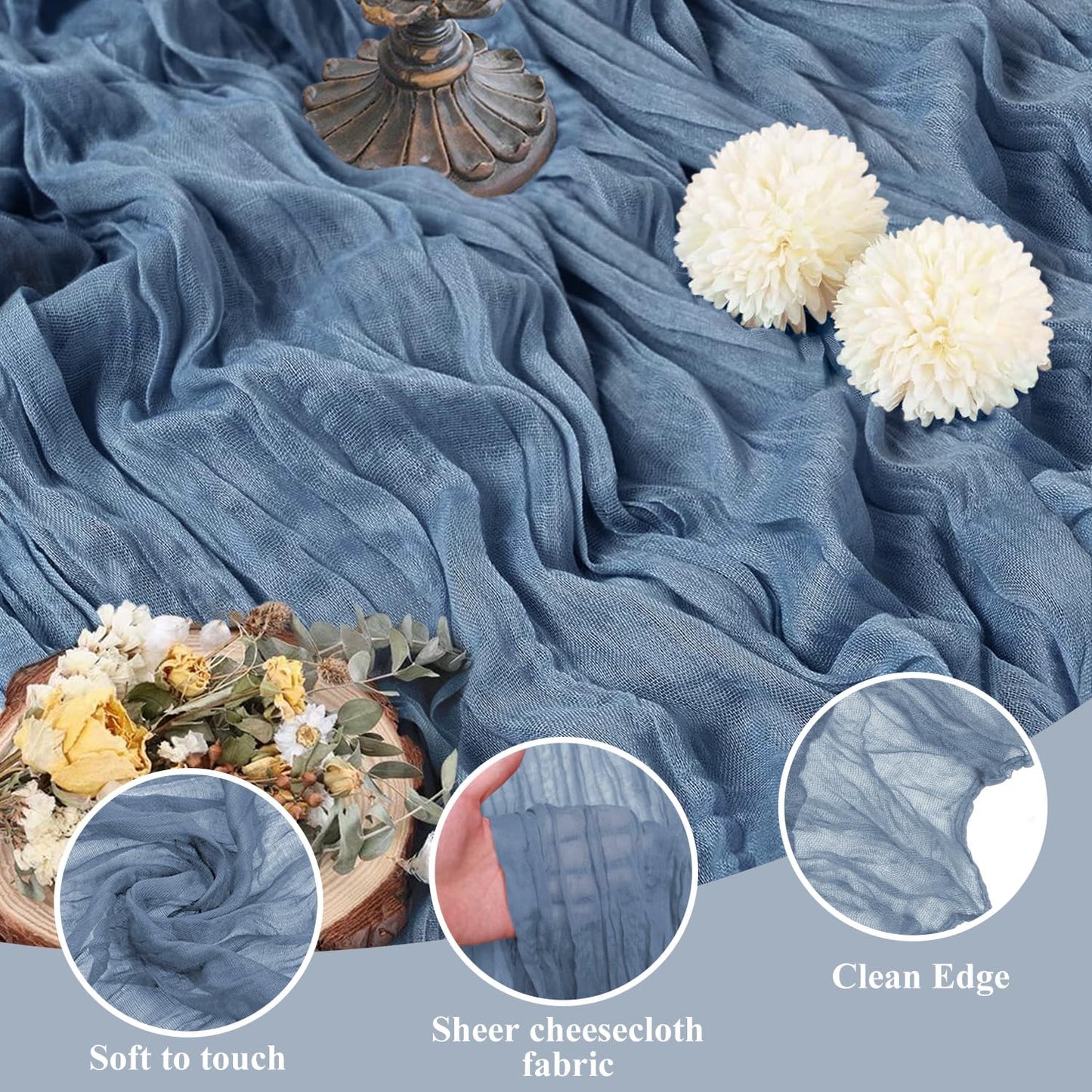 Asee'm 2pcs Cheesecloth Table Runner 120 Inches Dusty Blue Boho Gauze Cheese Cloth Runner 10FT Rustic Sheer Table Runners for Centerpiece Wedding Baby Shower Spring Easter Decoration