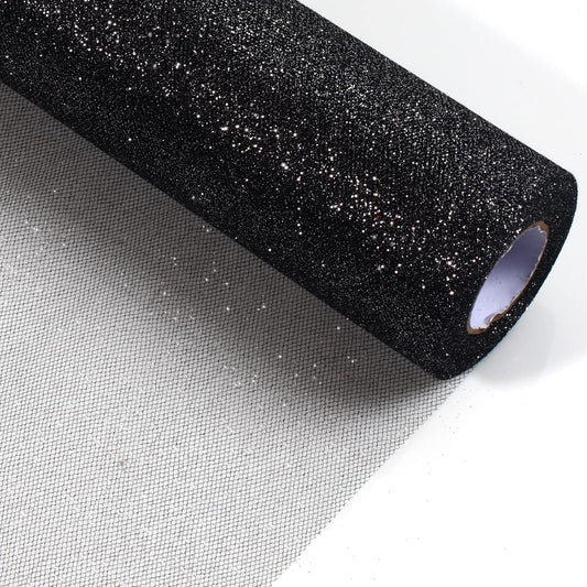 ICOSHOW Sparkling Tulle Rolls, 15” by 30 Yards (90FT) Glitter Tulle Spool Ribbon Fabric for Wedding Birthday Bridal Shower Tutu Skirt Party Gift Wrapping(Black)