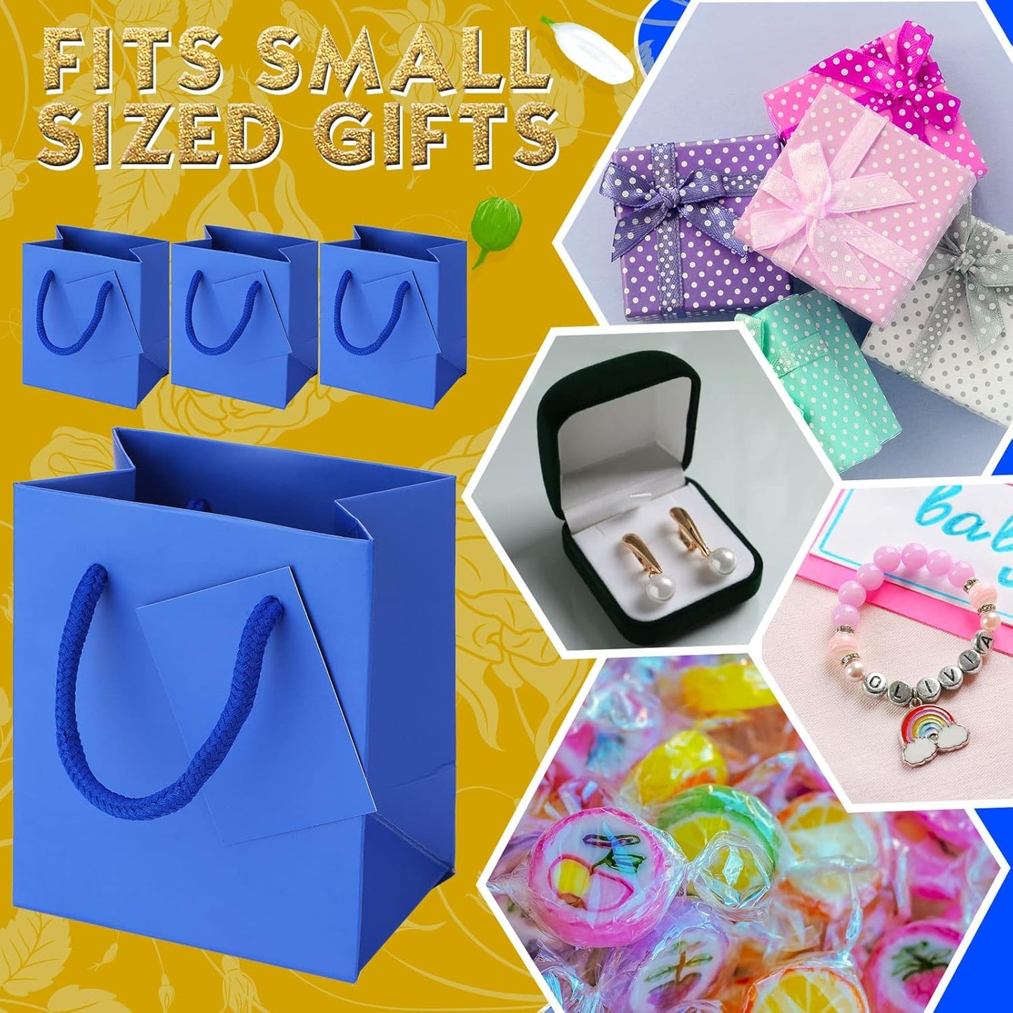 Sherr 100 Pack Mini Gift Bags Bulk, 4 x 2.75 x 4.5 Inches Paper Bags with Tags, Extra Small Paper Gift Boxes with Handles for Birthday, Party Favors, Weddings, Small Business(Blue)