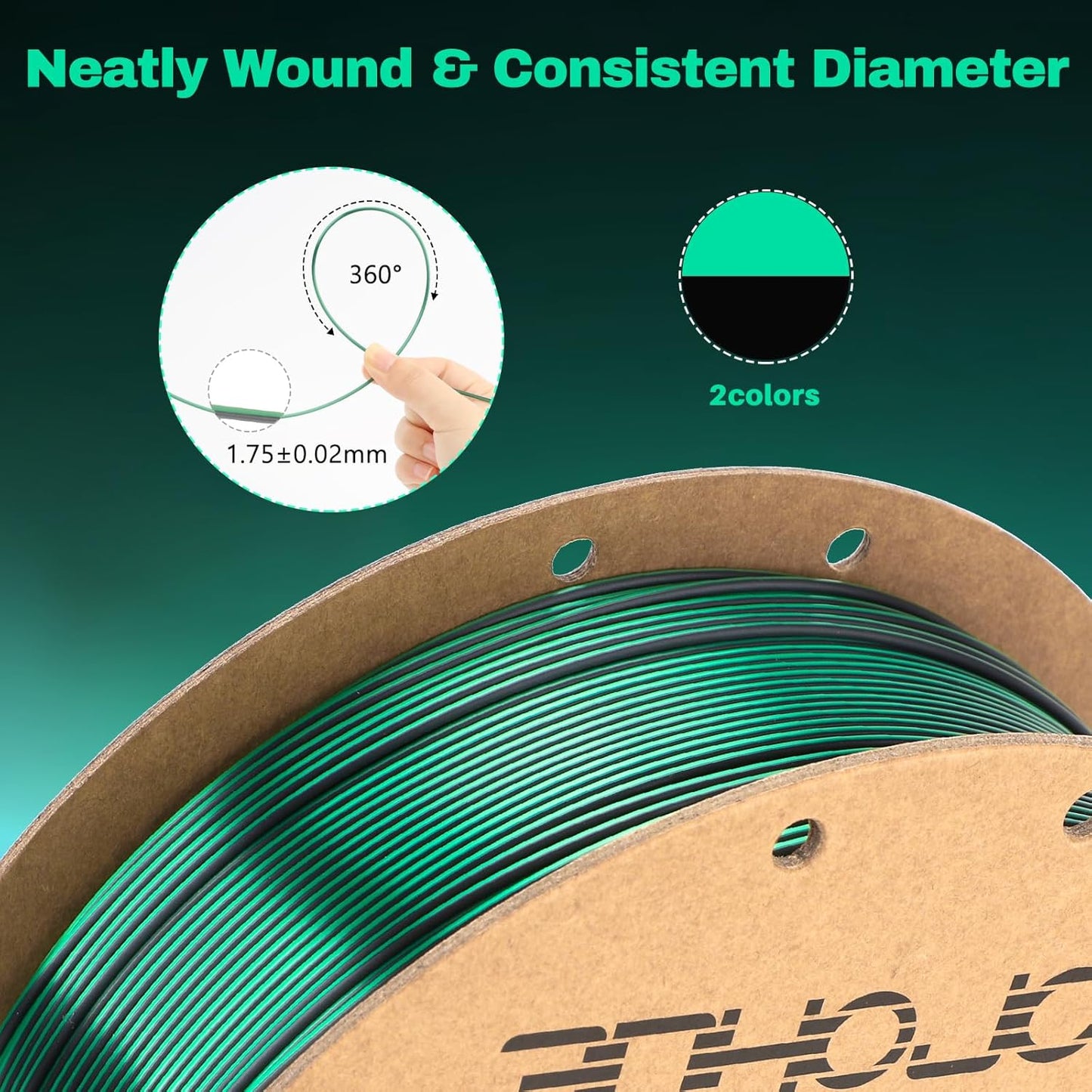 Silk PLA Filament 1.75mm Black Green Dual Color PLA 3D Printer Filament 2 in 1 Coextrusion 1KG Spool(2.2lbs) 3D Printing Filament Dimensional Accuracy +/- 0.03mm Fits for Most FDM 3D Printers