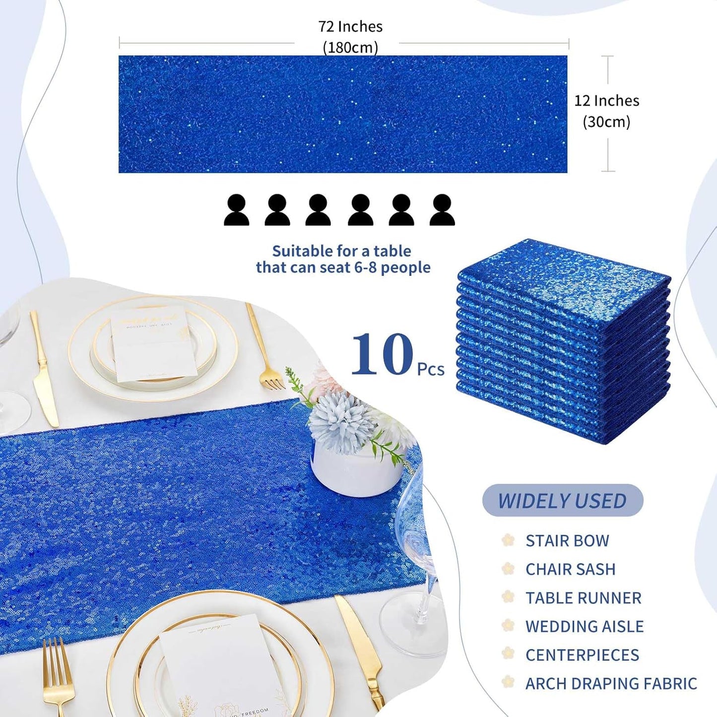 Royal Blue Sequin Table Runners 10 Pcs 12x72 Glitter Sparkly Table Runner for Wedding Birthday Party Graduation Ceremony Supplies Decorations