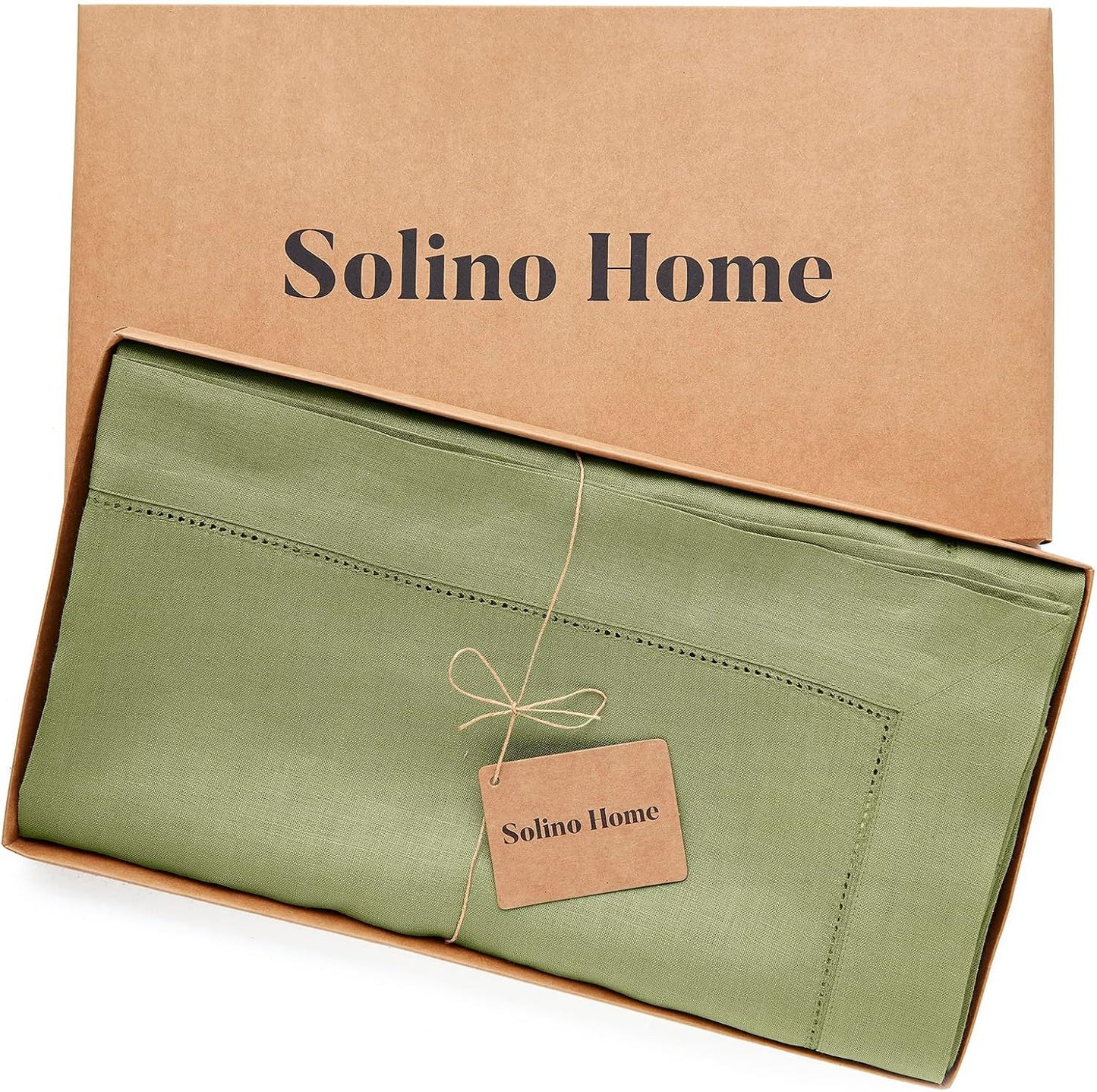 Solino Home Linen Tablecloth 60 x 132 Inch - Classic Hemstitch 100% Pure Linen Moss Green Table Cloth for Rectangle Tables - Machine Washable Tablecloth for Fall, Autumn, Thanksgiving