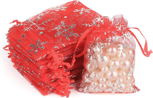jijAcraft 3x4Inch Christmas Organza Bags - 50Pcs Red Snowflake Gift Bags, Xmas Party Favor Drawstring Mesh Gift Pouches for Winter Gift, Candy, Jewelry Bags