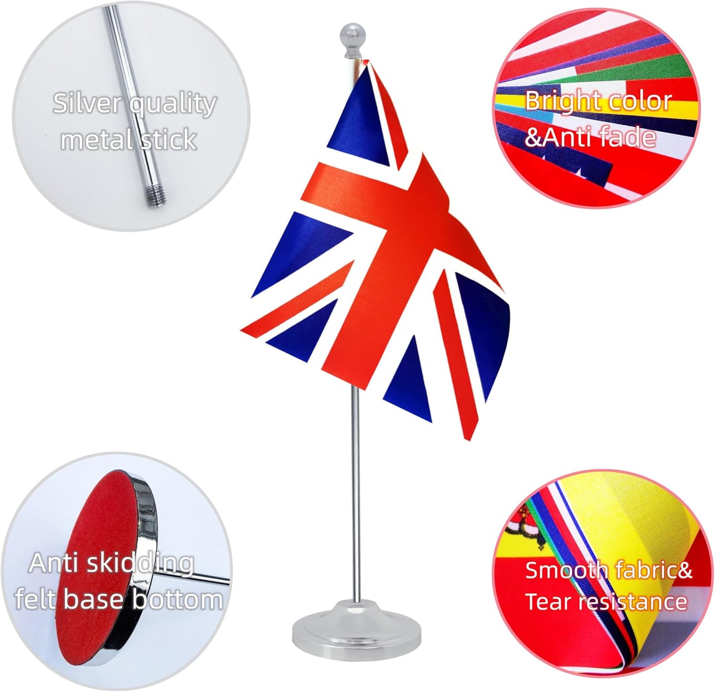 UK Britain Desk Flag, British Table Office Flag with Metal Pole and Stand Base, International Country Flags, Festival Event Celebration, Classroom Meeting Desktop Decor (UK)