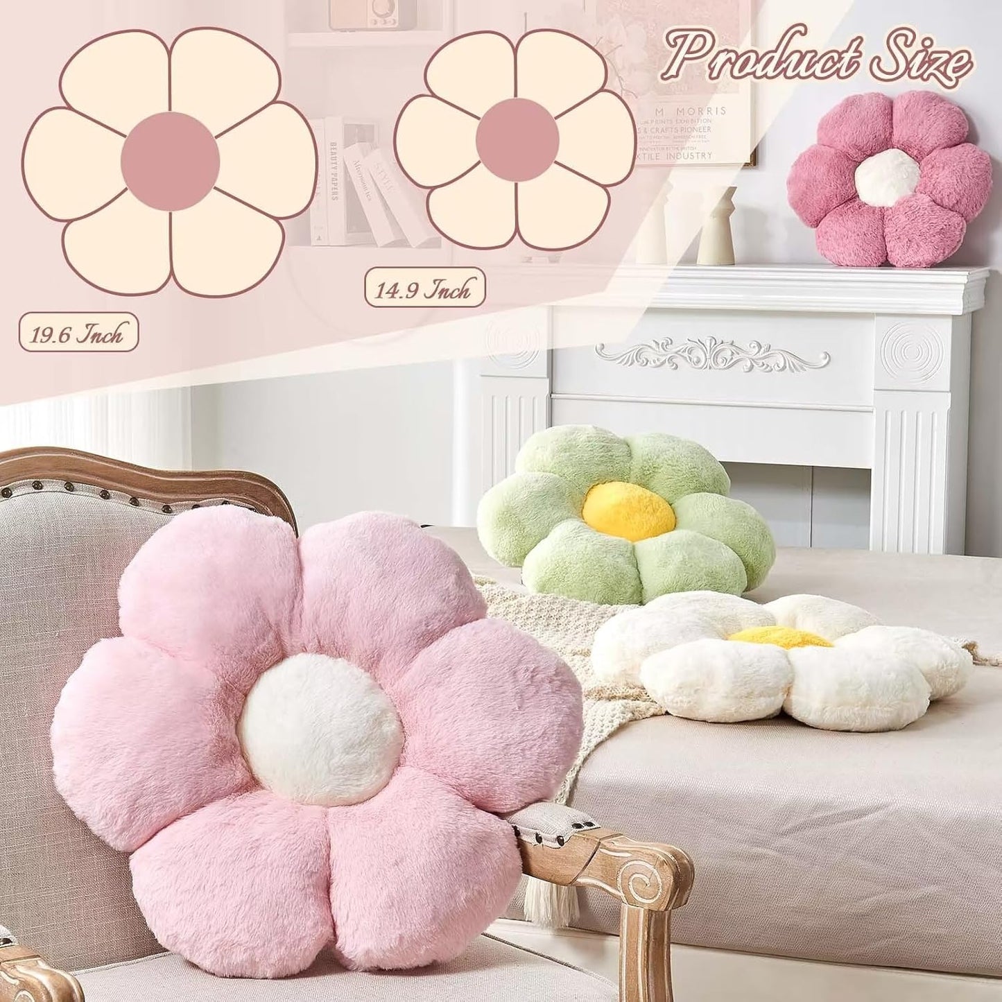 White Flower Plush Throw Pillow, Cute Decorative Flower Shaped with Faux Rabbit Fur, 19.6" Soft Plush Floor Pillow for Bedroom Living Room