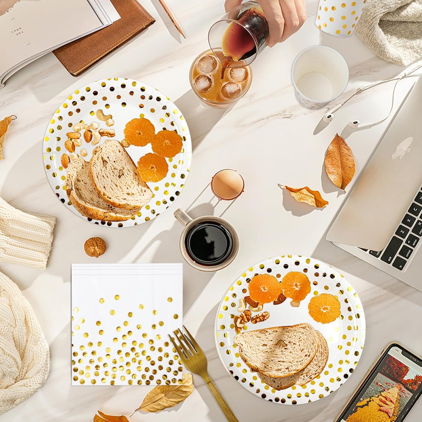 160 Pcs White and Gold Paper Plates, Forks and Cups Party Supplies, Disposable Paper Dessert Cake Plates Tableware Supplies for Birthdays, Graduations, Weddings, Holidays (40 Guests)