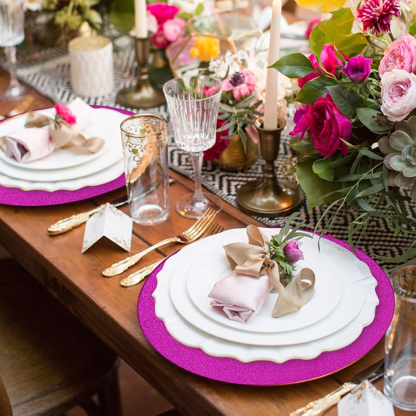 50 Pieces Hot Pink Glitter Paper Place Mats Sparkle 14'' Round Disposable Table Mats Hot Pink Doilies for Wedding Banquet Birthday Party Home Dining Table Decor