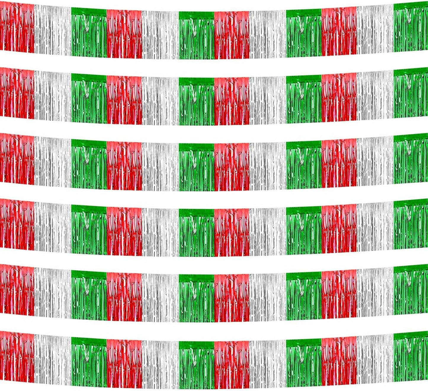 6 Pack 10 Feet Foil Fringe Garland Metallic Tinsel Streamers Banner Wall Hanging Backdrop Banner for Parade Floats, Valentine's Day, Wedding, Birthday, Mardi Gras Party Decorations Red Silver Green