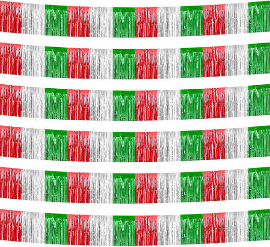 6 Pack 10 Feet Foil Fringe Garland Metallic Tinsel Streamers Banner Wall Hanging Backdrop Banner for Parade Floats, Valentine's Day, Wedding, Birthday, Mardi Gras Party Decorations Red Silver Green