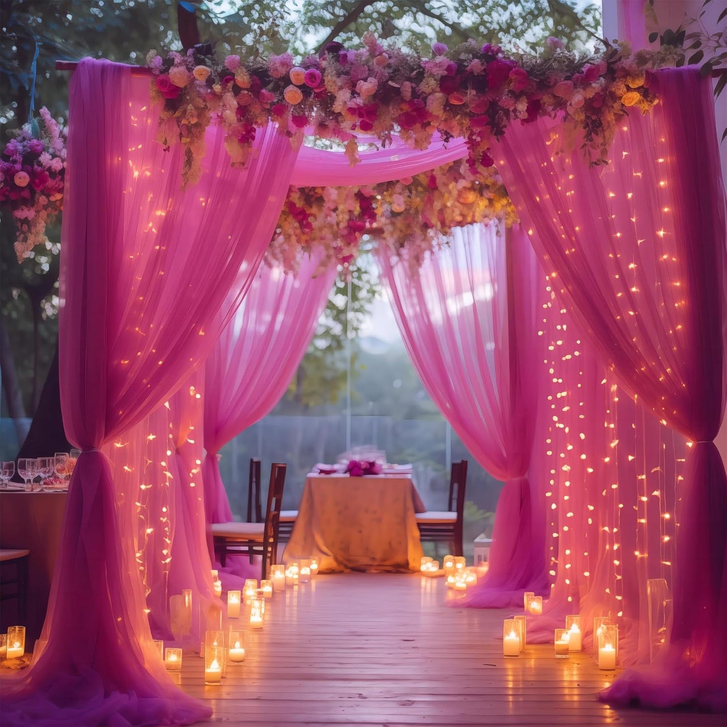 30×10ft Hot Pink Tulle Backdrop Curtain with Lights String for Parties, Sheer Photo Backdrop Curtains for Wedding Bridal Shower Party Photography Background