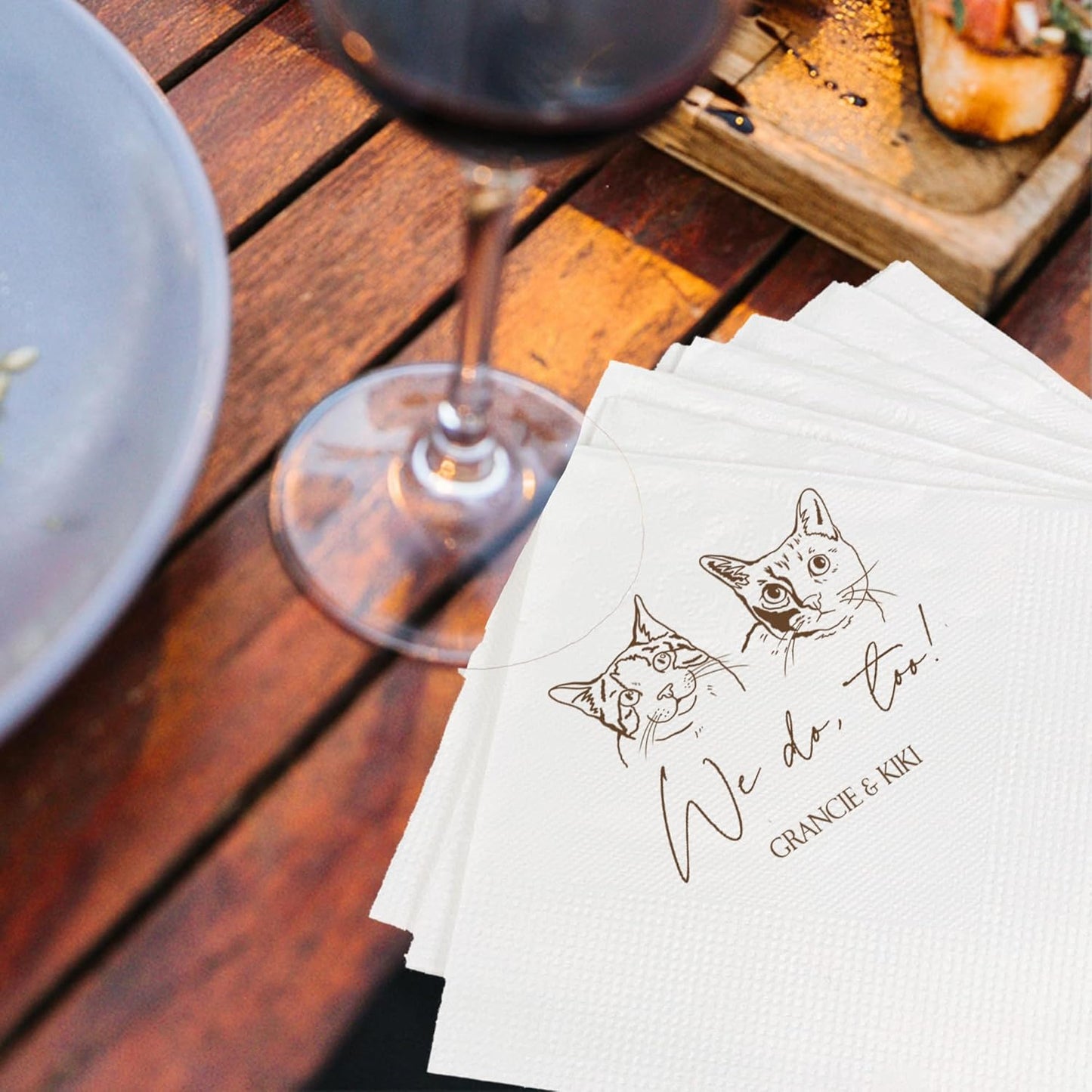 Luxury Personalized Illustrated Cat Wedding Napkins, Personalized Photo Napkins for Cat, Custom Wedding Cocktail, Bridal Shower, Engagement Party