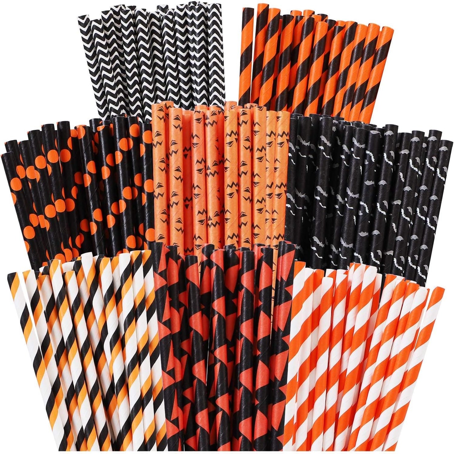 Cooraby 200 Pieces Halloween Paper Straws Biodegradable Drinking Stripe Bicolor Stripe Dot Straw Mix for Wedding Supplies and Party Favors, 8 Styles (Black and Orange)