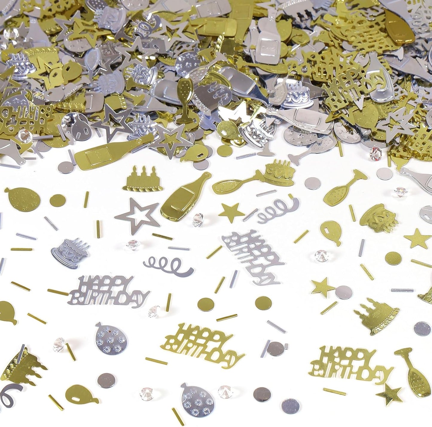Light Gold and Silver Happy Birthday Confetti, 3000 Pcs Birthday Cake Table Metallic Foil Confetti Party Table Decor for Party, Baby Shower, DIY Arts and Crafting