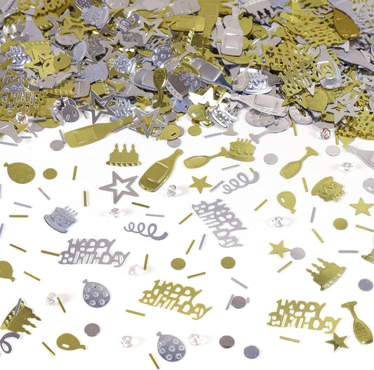 Light Gold and Silver Happy Birthday Confetti, 3000 Pcs Birthday Cake Table Metallic Foil Confetti Party Table Decor for Party, Baby Shower, DIY Arts and Crafting