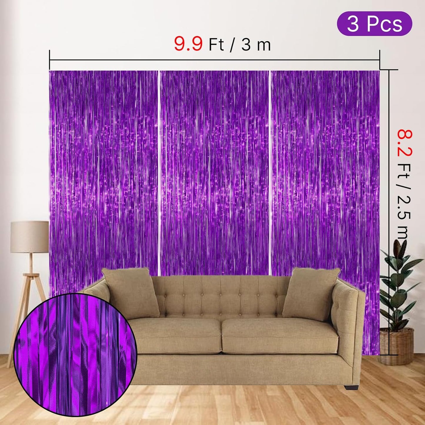 PartyWoo Purple Streamers Foil Fringe Curtain 3pcs 8.2ft Metallic Tinsel Lavender Backdrop for Birthday Graduation Bachelorette Mardi Gras Door Supplies Photo Booth Wedding Party Decorations
