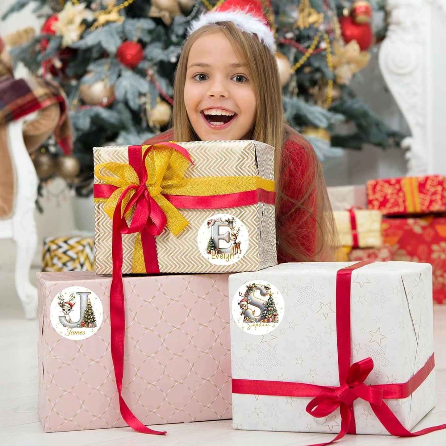 CALLIE Personalized Christmas Gift Tags with Initial and Name, Golden Reindeer Waterproof Label Stickers for Wrapping Paper Presents, Christmas Decorations Gift for Family Friend