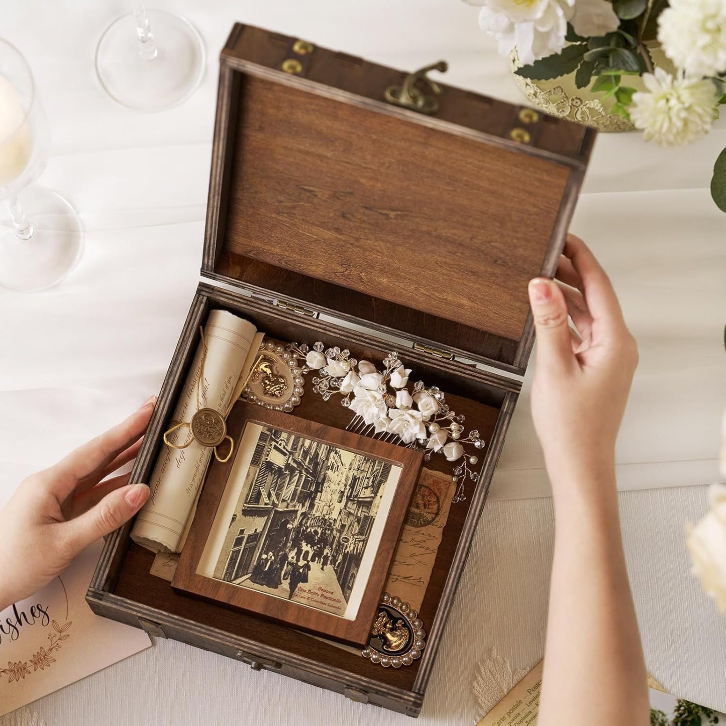 AW BRIDAL Wedding Keepsake Box with Tree of Life Engraved, Wood Decorative and Storage Boxes, Bridal Shower Gifts for Bride, Engagement Gifts for Couples Newly Engaged, Anniversary Marriage Presents