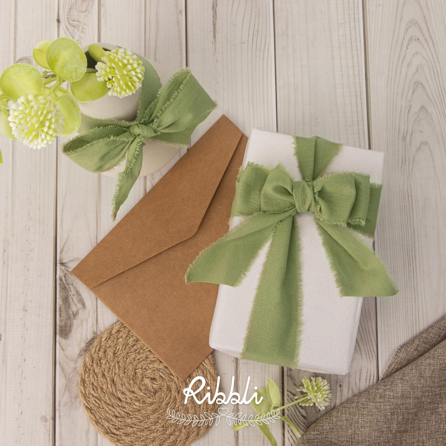 Ribbli 3 Rolls Sage Green Ribbon 1.5 Inch x 18Yards Handmade Cotton Frayed Fringe Ribbons for Gift Wrapping Wedding Invites Bridal Bouquets Baby Shower DIY Crafts Home Decor