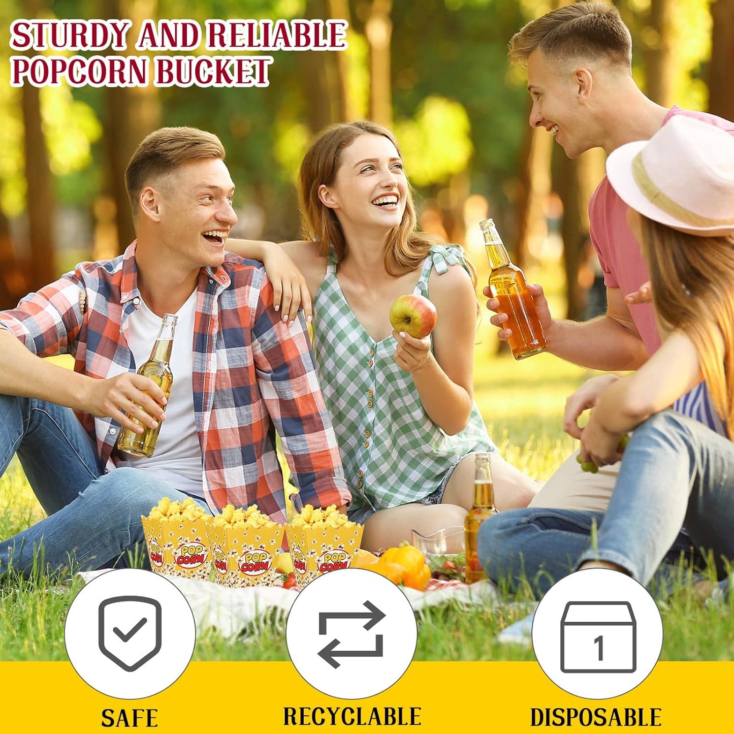 Panelee 100 Pack Popcorn Boxes for Movie Night 24oz Popcorn Disposable Paper Bucket Bags Bulk Snack Container Cups Holder for Christmas Party Carnival