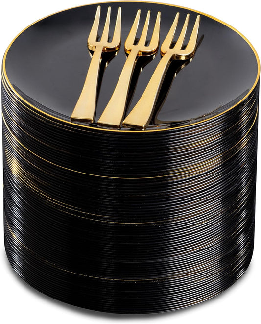Festiva 200Pcs Black Gold Dessert Plates 6.3" with Plastic Forks 5"- Small Disposable Plates- Dessert/Cake/Appetizer Plastic Plates include 100Plates 100Forks for Christmas Party&Halloween&New Year