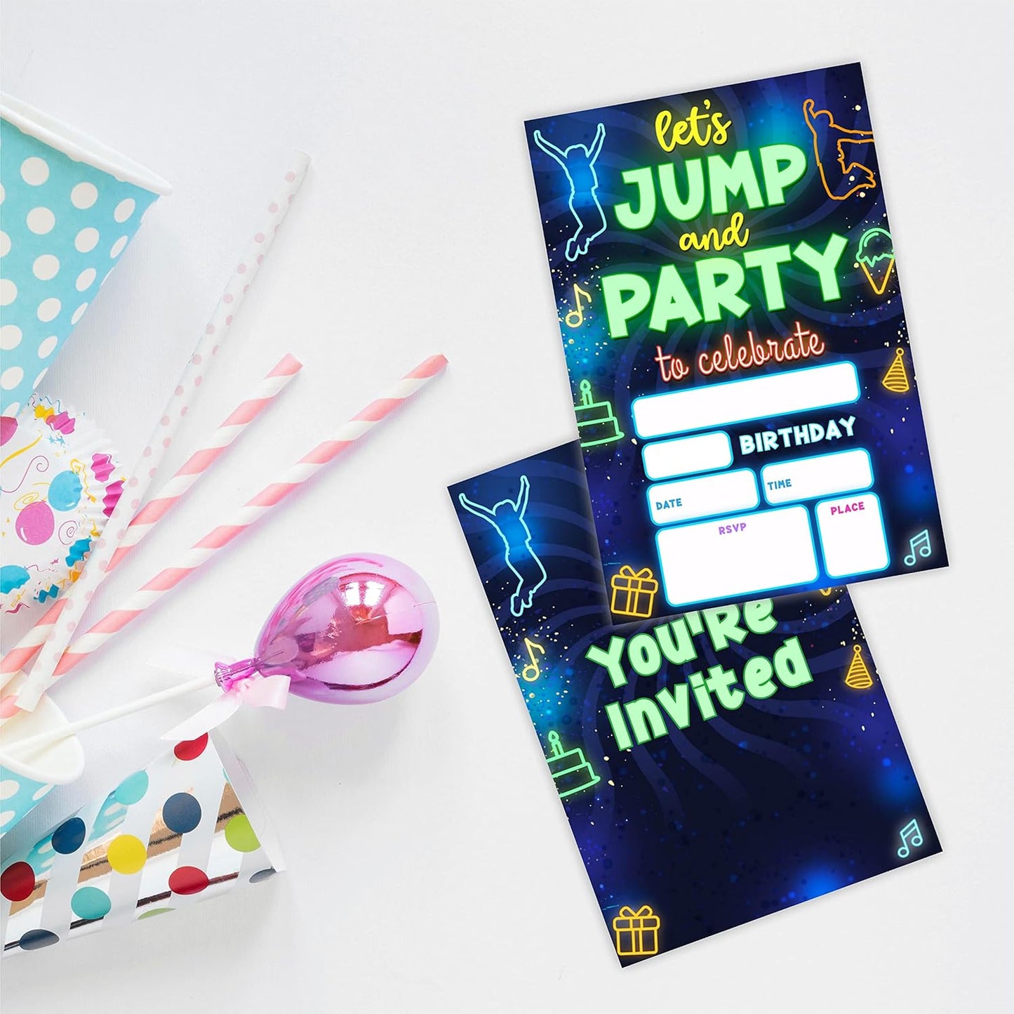 Glow Trampoline Birthday Invitations, Let's Jump & Party Birthday Invite Cards（20 Count) With Envelopes, Neon Double-Sided Fill In Style Invite Cards For Boys & Girls, Birthday Party Supplies-B07