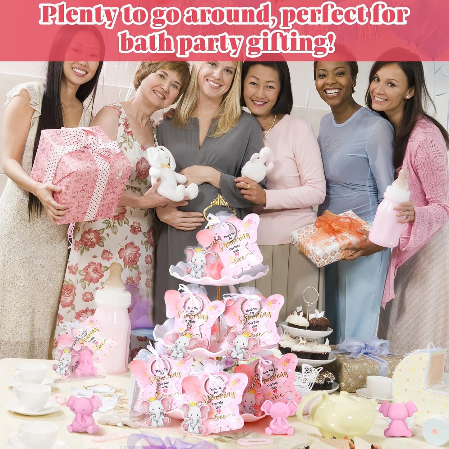 288 Baby Shower Favors Baby Shower Gifts Bulk Lip Balms Soaps Keychains Organza Bags Guest Appreciation Gift with Thank You Tags and Cards for Boys Girls Guest Gift(Pink,Elephant)