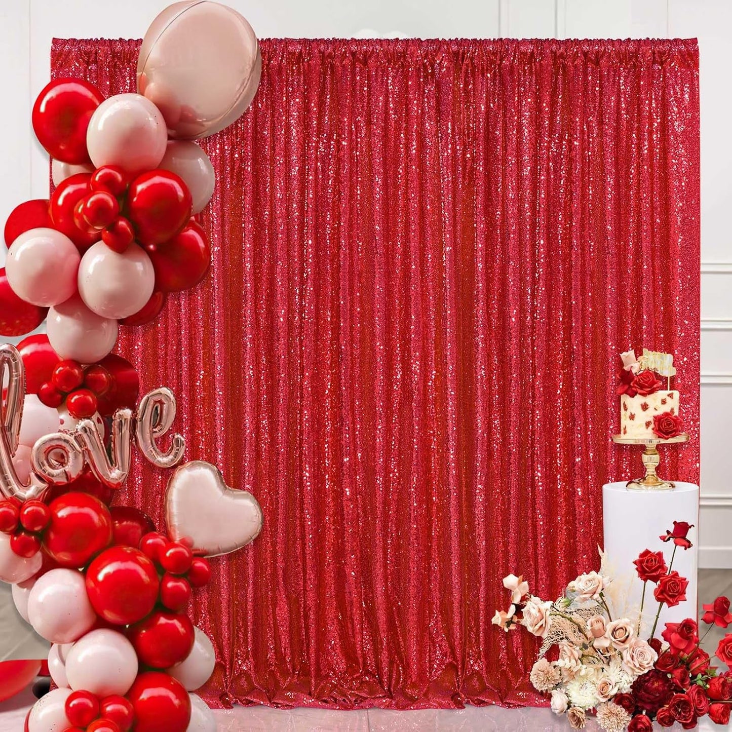 Red Sequin Backdrop Curtain 7ft x 7ft Background Drapes for Birthday Wedding Valentines Day Wall Decorations