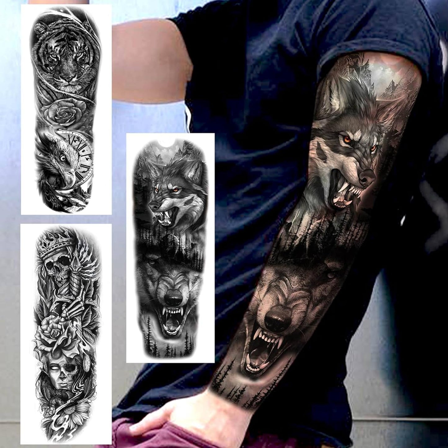 20 Sheets Black Tribal Wolf Tiger Lion Temporary Tattoo Sleeve For Men Adults, 3D Halloween Prison Gothic Maori Sleeve Tattoos For Women, Fake Full Arm Sleeve Tattoo Stickers Skull Skeleton