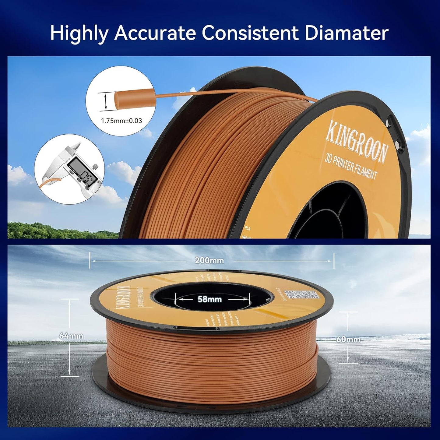 Kingroon PLA Filament 1.75mm 3D Printer Filament Light Brown Pla Filament 1kg Filament Dimensional Accuracy +/- 0.02mm, Fit Most FDM Printer,Light Brown