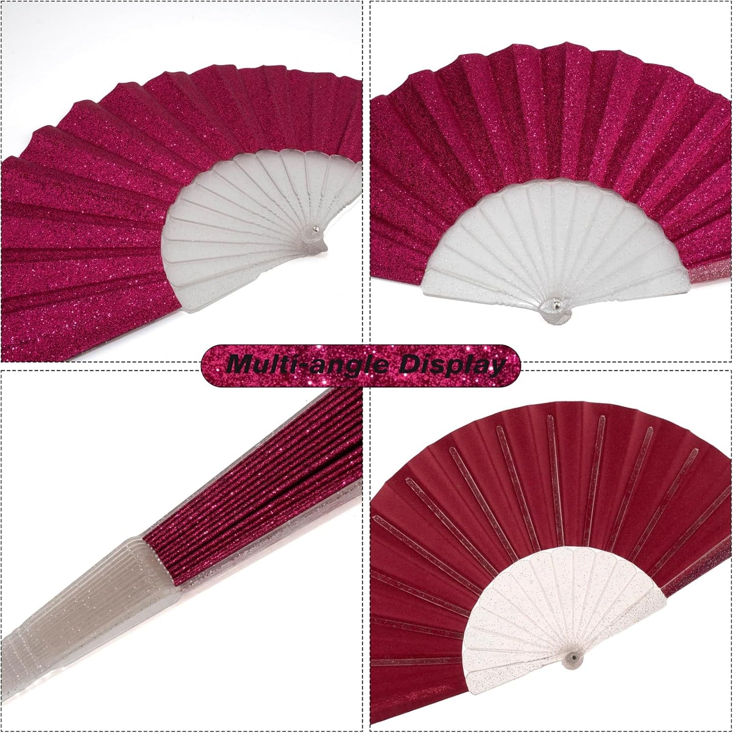 48 Pack Handheld Fan,Folding Hand Glitter fan with Shining Transparent Fan Rib – Ideal for Wedding, Church, Festival, Dance, Tea Party, Club, and EDM Accessories, Deep pink
