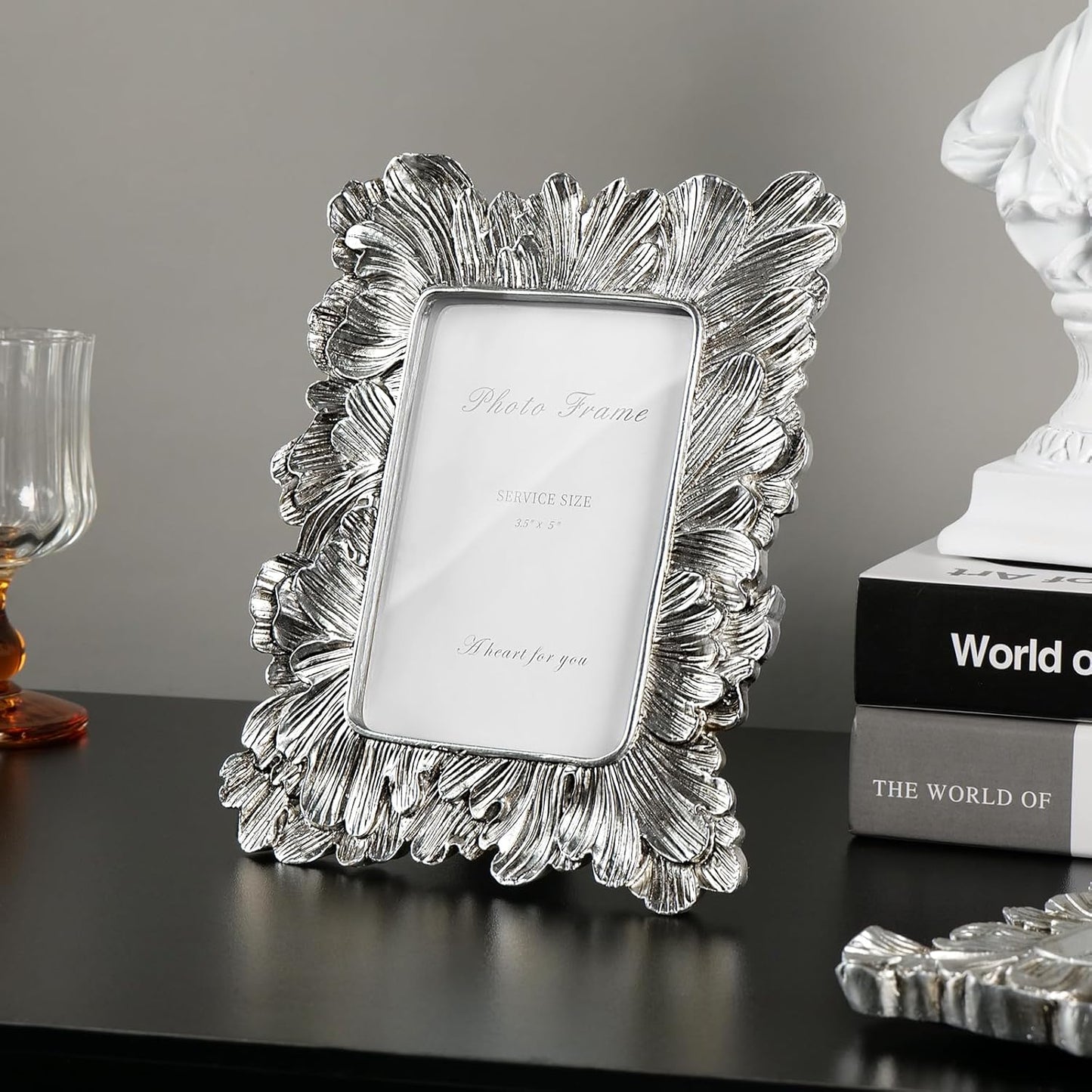 Silver 3x5 Picture Frame, Vintage Silver Palm Leaves Textured Hand-Crafted Resin with Glass Front, Small Frames Elegant Retro Rustic Design for Wall and Tabletop Display Home Decor