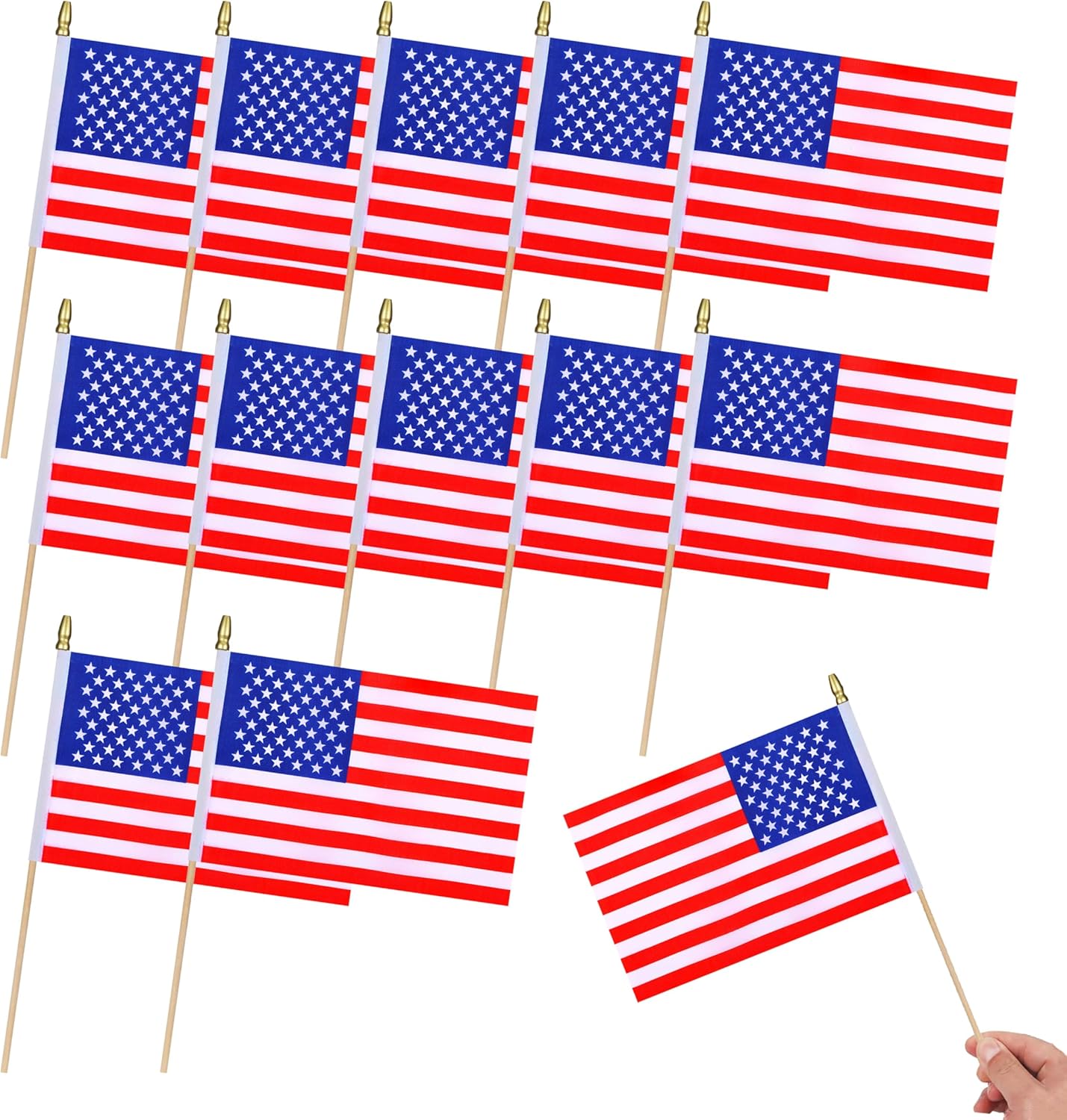 12Pcs Small American USA Flags on Wooden Stick Mini United States Flag Hand Held Flag Decorations,5x8 Inch